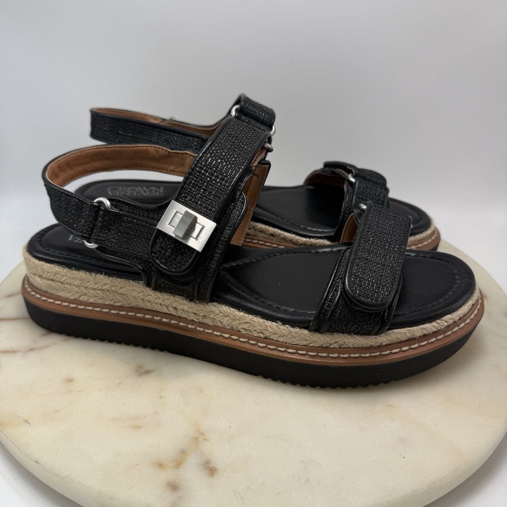 Crown Vintage Kane Black Platform Espadrille Sandals Adjustable Strap Women 9.5M